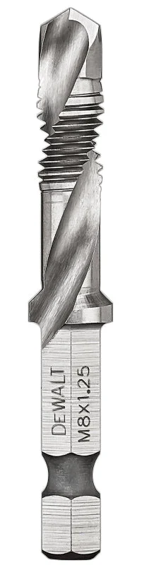 DEWALT IMPACT READY DWADTQTR8MM125 Tap and Drill Bit, 8 mm Dia, 3-Flute, Spiral Flute, HSS, 2-23/64 in L