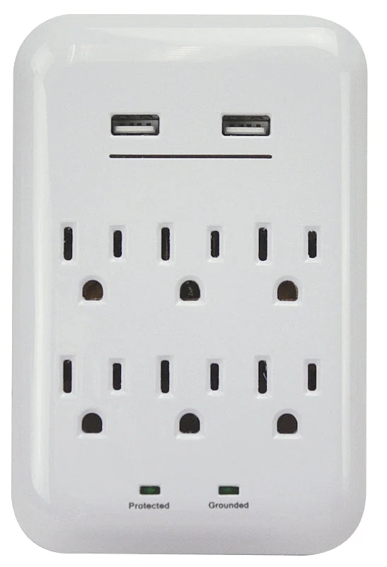 PowerZone ORUSB346S USB Charger with Surge Protection, 2-Pole, 125 V, 15 A, 6-Outlet, 1200 J Energy, White