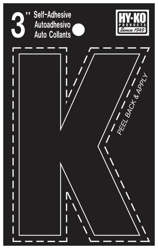 Hy-Ko 30400 Series 30421 Die-Cut Letter, Character: K, 3 in H Character, Black Character, Vinyl, Pack of 10