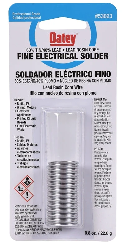 Oatey 53023 Rosin Core Wire Solder, 0.8 oz Carded, Solid, Silver, 361 to 375 deg F Melting Point