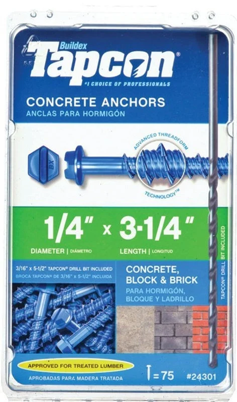 Tapcon 24301 Screw Anchor, Hex Drive, Steel, Climaseal, 75 PK