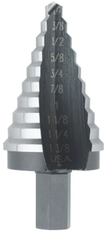 Irwin UNIBIT 10235 Step Drill Bit, 1/4 to 1-3/8 in Dia, 3-1/8 in OAL, 1-Flute, 1/2 in Dia Shank, Hex Shank
