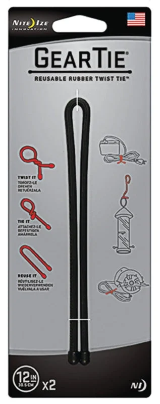 Gear Tie GT12-2PK-01 Twist Tie, Rubber, Black, 12 in L