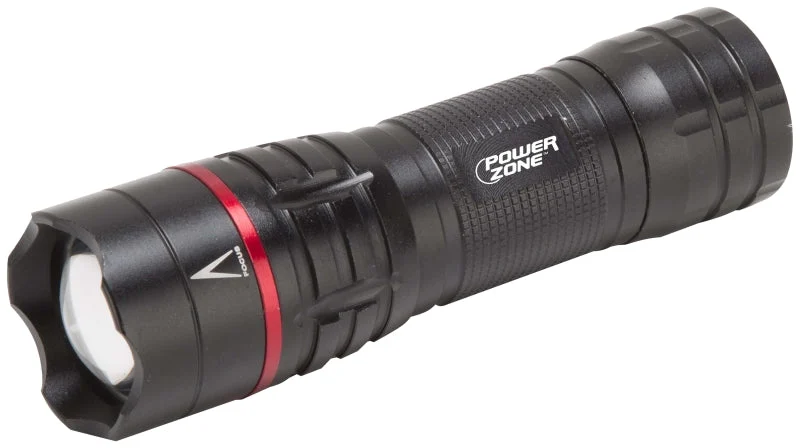PowerZone 12093 Tactical Flashlight, AAA Battery, LED Lamp, 500 Lumens, 140 m Beam Distance, 2.5 hr Run Time, Black/Red