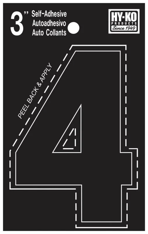 Hy-Ko 30400 Series 30404 Die-Cut Number, Character: 4, 3 in H Character, Black Character, Vinyl, Pack of 10