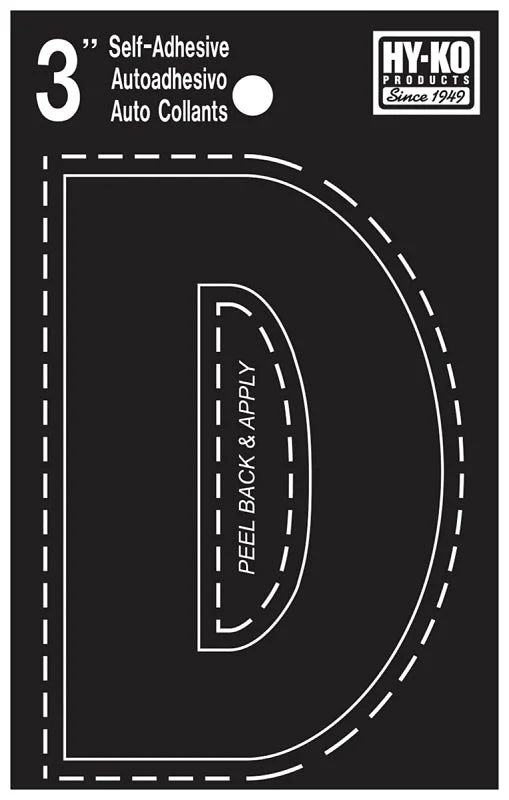 Hy-Ko 30400 Series 30414 Die-Cut Letter, Character: D, 3 in H Character, Black Character, Vinyl, Pack of 10