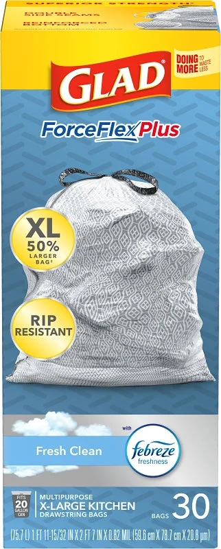 Glad ForceFlexPlus XL 78913 Kitchen Trash Bag, XL, 20 gal, White