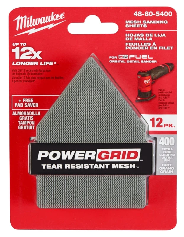 Milwaukee 48-80-5400 Mesh Sanding Sheet, 3-5/8 in W, 3-3/4 in L, 400 Grit, Extra Fine, Aluminum Oxide Abrasive, Pack of 3