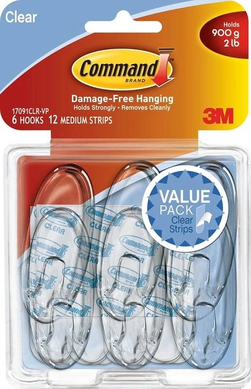 Command 17091CLR-VP Adhesive Hook, 2 lb, 6 -Hook, Plastic, Clear, Pack of 2