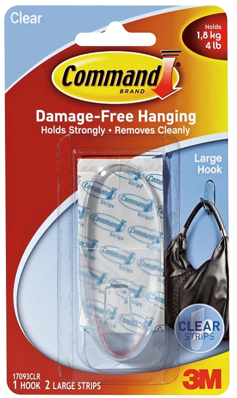 Command 17093CLR Adhesive Hook, 4 lb, 1 -Hook, Plastic, Clear, Pack of 6