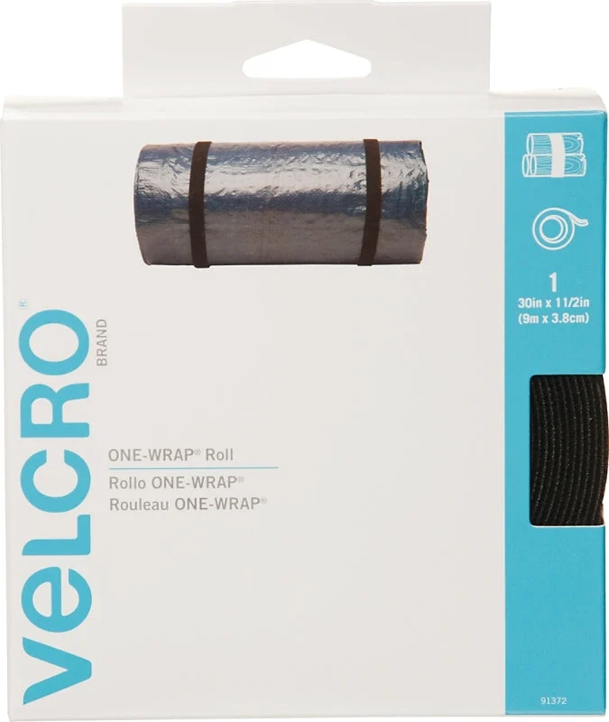 VELCRO Brand One Wrap 91372 Hook and Loop Fastener, 1-1/2 in W, 30 in L, Nylon/Polypropylene, Black