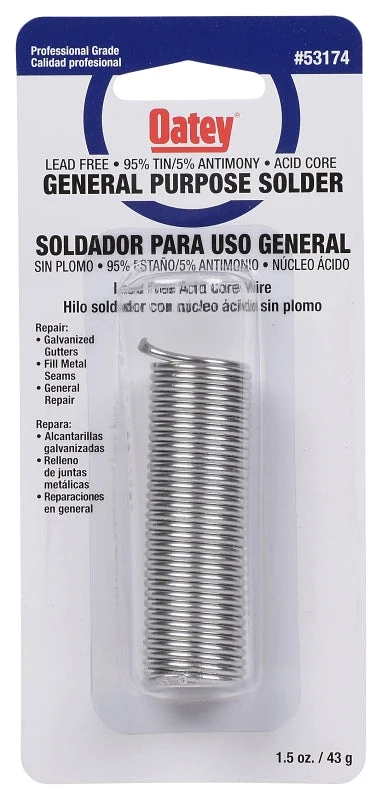 Oatey 53174 Acid Core Wire Solder, 1-1/2 oz Carded, Solid, Silver, 450 to 464 deg F Melting Point