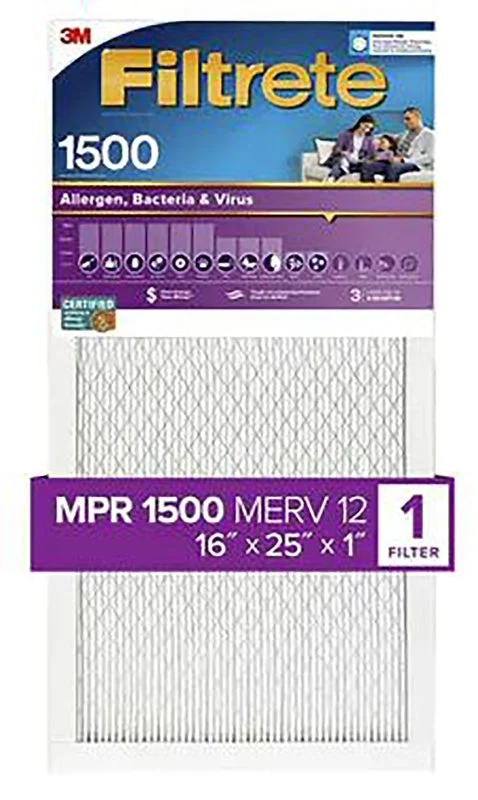 Filtrete 2001-4-HR Furnace Air Filter, 25 in L, 16 in W, 1-Pleat, 12 MERV, 12 MPR, Pack of 4