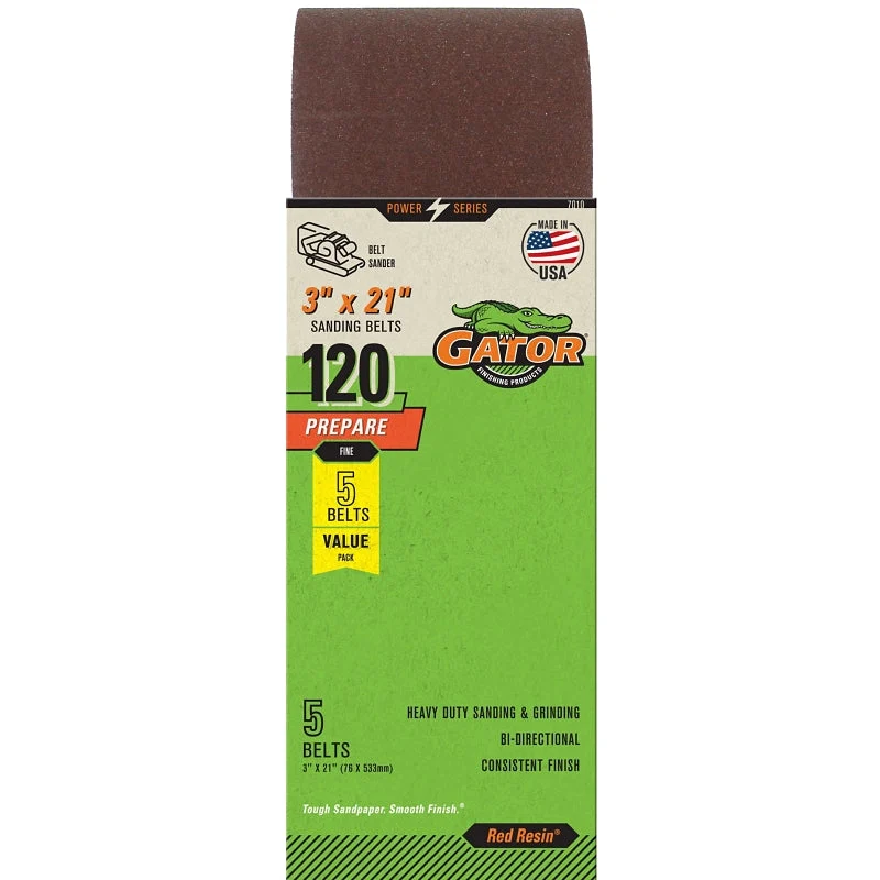 Gator Red Resin 7010 Sanding Belt, 3 in W, 21 in L, 120 Grit, Fine, Aluminum Oxide Abrasive