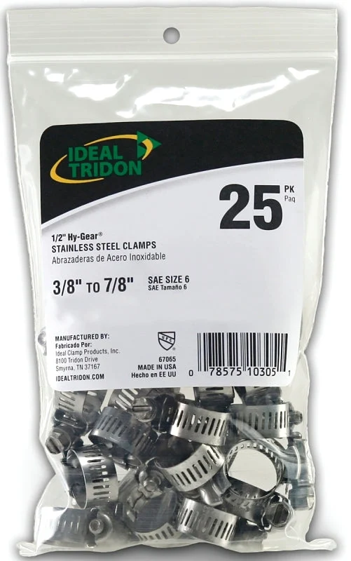 Ideal-Tridon Hy-Gear 67-6 Series 6706550 Worm Gear Hose Clamp, #6, 3/8 to 7/8 in, Stainless Steel
