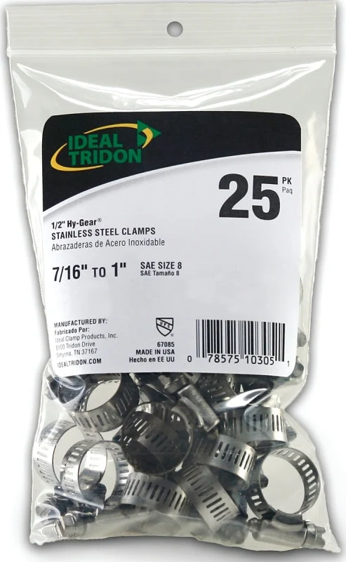 Ideal-Tridon Hy-Gear 67-6 Series 6708550 Worm Gear Hose Clamp, #8, 7/16 to 1 in, Stainless Steel