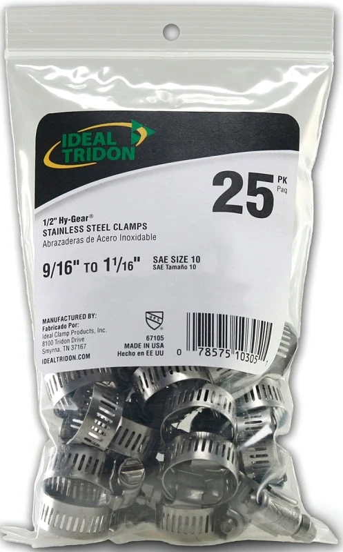 Ideal-Tridon Hy-Gear 67-6 Series 6710550 Worm Gear Hose Clamp, #10, 1/2 to 1-1/16 in, Stainless Steel