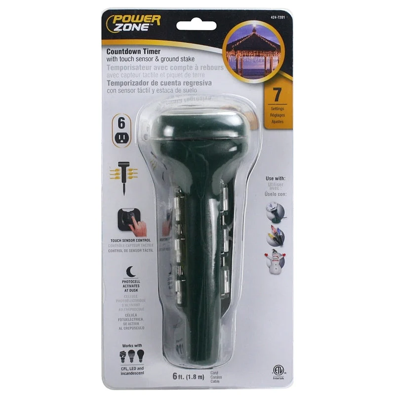 PowerZone ORCDTSTK6 Timer Touch and Ground Stake, 15 A, 125 V, 1875 W, 6-Outlet, 24 hr Time Setting, Green