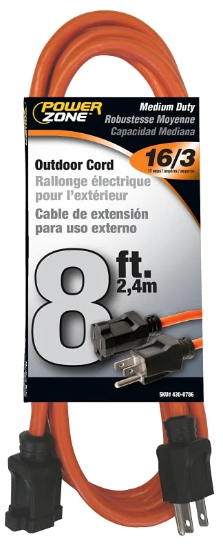 PowerZone OR501608 Extension Cord, 16 AWG Cable, 5-15P Grounded Plug, 5-15R Grounded Receptacle, 8 ft L, 125 V, Orange