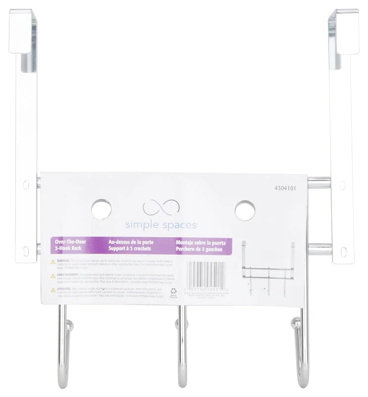 Simple Spaces HK06-CH Door Garment Hook, Each Hook: 4.8 lb, 3-Hook, Steel, Chrome, Hanging Mounting