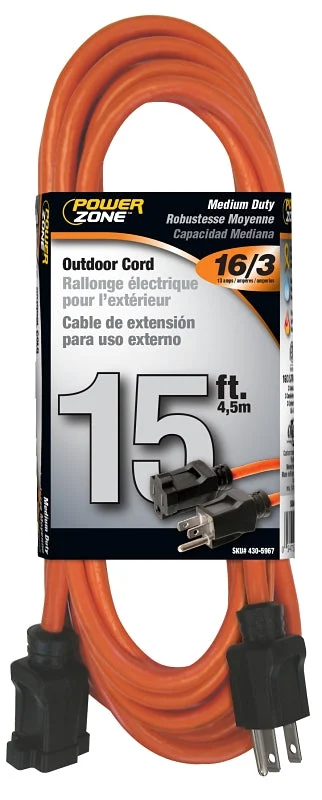 PowerZone OR501615 Extension Cord, 16 AWG Cable, 5-15P Grounded Plug, 5-15R Grounded Receptacle, 15 ft L, 125 V, Orange