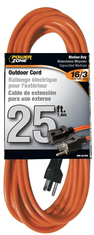 PowerZone OR501625 Extension Cord, 16 AWG Cable, 5-15P Grounded Plug, 5-15R Grounded Receptacle, 25 ft L, 125 V, Orange