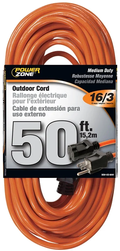 PowerZone OR501630 Extension Cord, 16 AWG Cable, 5-15P Grounded Plug, 5-15R Grounded Receptacle, 50 ft L, 125 V, Orange