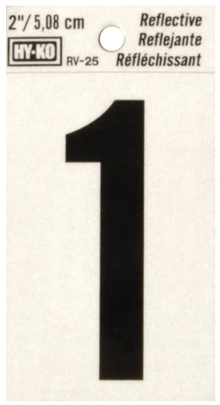 Hy-Ko RV-25 Series RV-25/1 Self-Adhesive Reflective Number, Character: 1, 2 in H Character, Black Character, Vinyl, Pack of 10