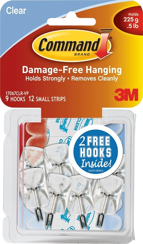 Command 17067CLR-VP Wire Hook, 1-5/8 in L x 3/4 in W x 3/4 in H Dimensions, 0.5 lb, 9-Hook, Plastic, Clear