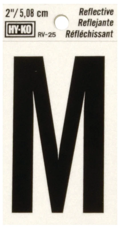 Hy-Ko RV-25/M Reflective Letter, 1-1/2 in W x 3 in H Dimensions, Character: M, 2 in H Character, Black Character, Vinyl, Pack of 10