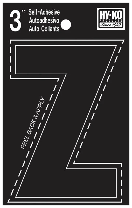 Hy-Ko 30400 Series 30436 Self-Stick Die-Cut Letter, Character: Z, 3 in H Character, Black Character, Vinyl, Pack of 10