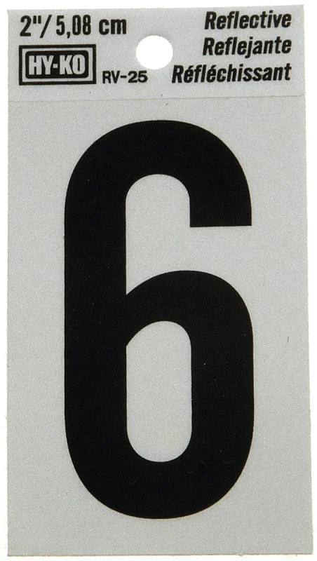 Hy-Ko RV-25 Series RV-25/6 Self-Adhesive Reflective Number, Character: 6, 2 in H Character, Black Character, Vinyl, Pack of 10
