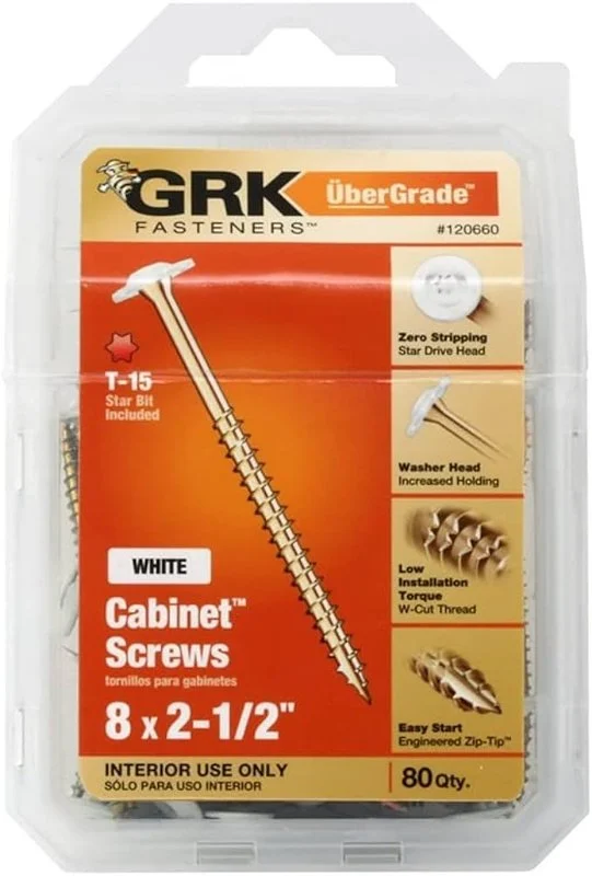 GRK Fasteners 120660 Cabinet Screw, #8 Thread, 2-1/2 in L, W-Cut Thread, Low-Profile, Washer Head, Star Drive, 80 PK