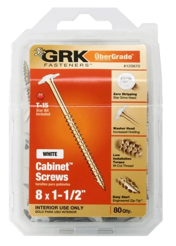 GRK Fasteners 120670 Cabinet Screw, #8 Thread, 1-1/2 in L, W-Cut Thread, Low-Profile, Washer Head, Star Drive, 80 PK