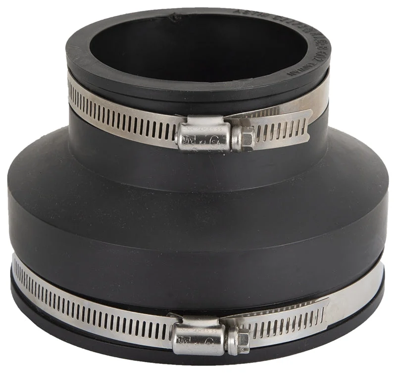 ProSource KJ-008 Coupling, 4 x 3 in, Clay to Cast Iron or Plastic Pipes, PVC, Black