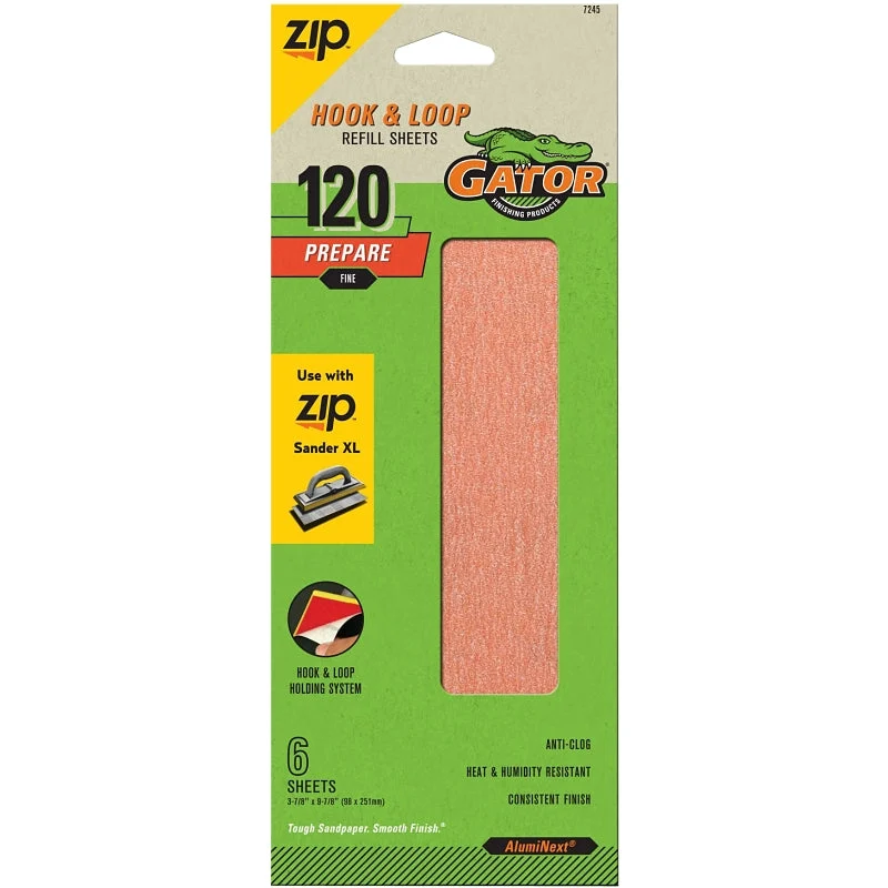 Gator ZipXL 7245 Sanding Sheet Refill, 9-7/8 in L, 3-7/8 in W, 120 Grit, Fine, Aluminum Oxide Abrasive
