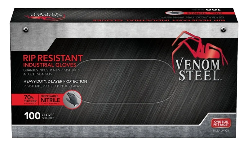 Venom Steel VEN6145N Disposable Gloves, One-Size, Nitrile, Powder-Free, Black, 9-1/2 in L, Beaded Cuff