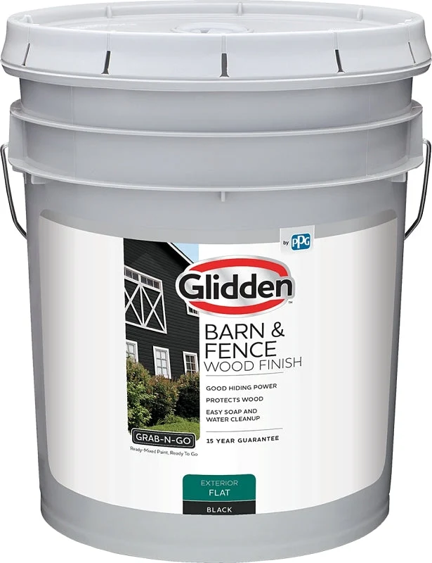 Glidden GLBFEX10BL05 Barn and Fence Paint, Acrylic, Flat, Black, 5 gal, 400 sq-ft/gal Coverage Area