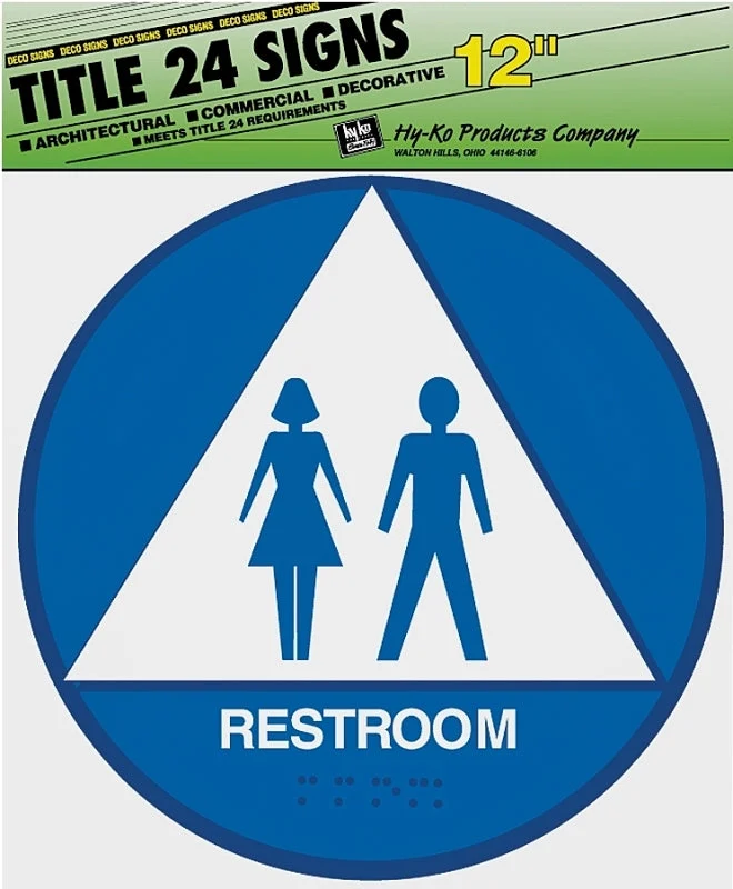 Hy-Ko T-24U Graphic Sign, Round, Triangle, REST ROOM, White Legend, Blue/White Background, Plastic, Pack of 3