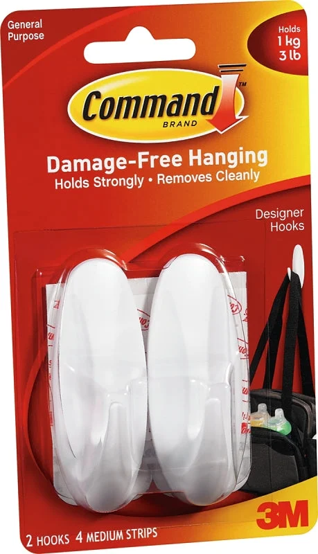 Command 17081-2VP Designer Hook, 3 lb, 4 -Hook, Plastic, White