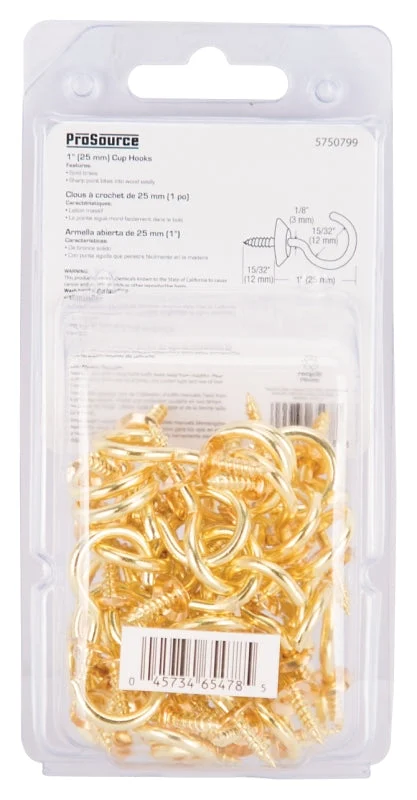 ProSource LR-392-PS Cup Hook, 15/32 in Opening, 3.5 mm Thread, 1 in L, Brass, Brass