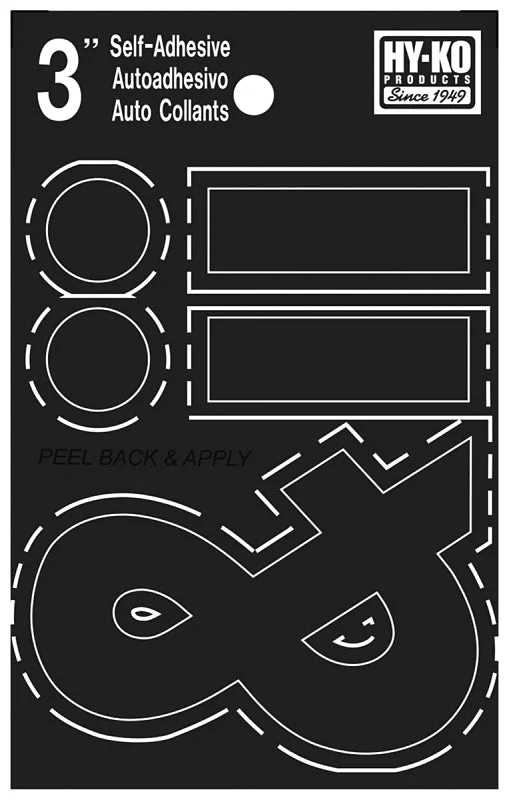 Hy-Ko 30400 Series 30437 Die-Cut Symbol Set, Character: .- &, 3 in H Character, Black Character, Vinyl, Pack of 10