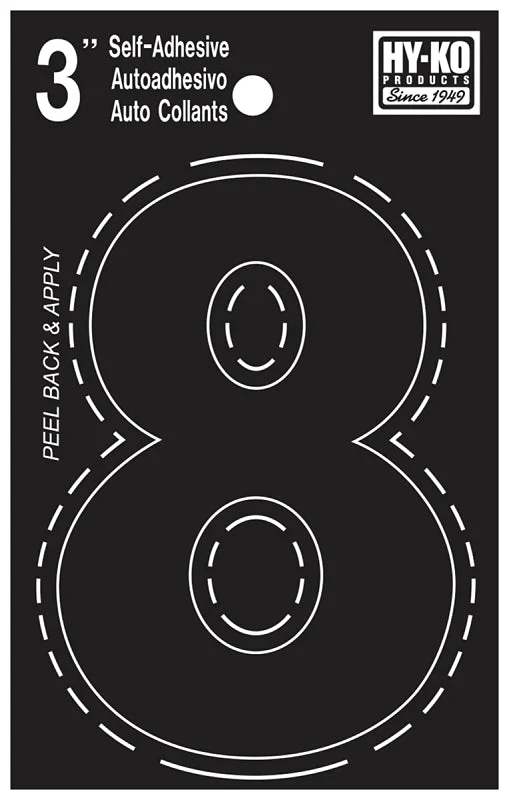 Hy-Ko 30400 Series 30408 Self-Stick Die-Cut Number, Character: 8, 3 in H Character, Black Character, Vinyl, Pack of 10