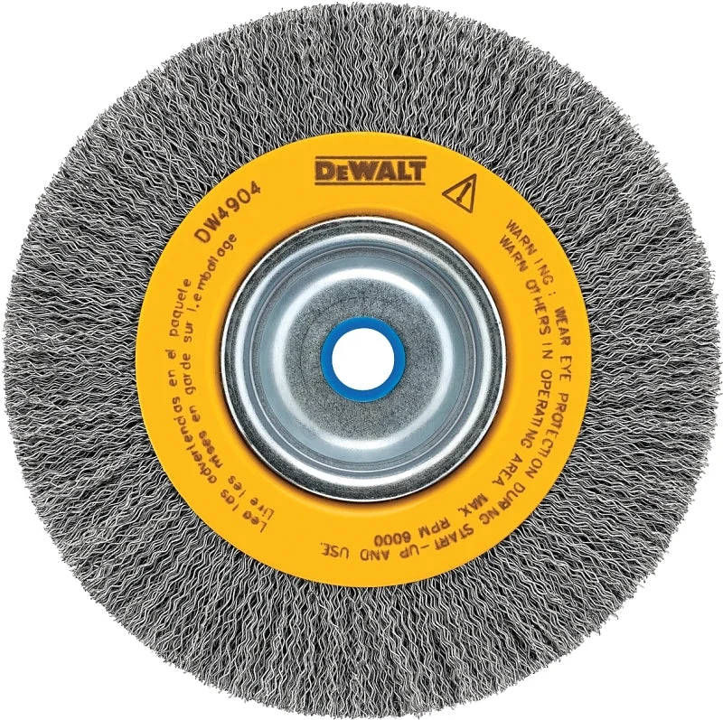 DEWALT DW4904 Wire Wheel Brush, 6 in Dia, 5/8 to 1/2 in Arbor/Shank, Crimped, Knotted Bristle, 0.014 in Dia Bristle