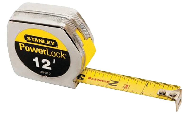 STANLEY PowerLock 33-312L Tape Measure, 12 ft L Blade, 3/4 in W Blade, Steel Blade, Metal Case, Chrome Case