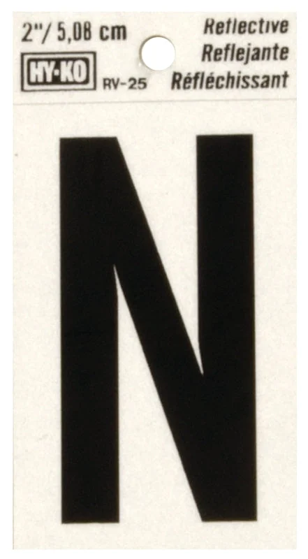Hy-Ko RV-25/N Reflective Letter, 1-1/2 in W x 3 in H Dimensions, Character: N, 2 in H Character, Black Character, Vinyl, Pack of 10