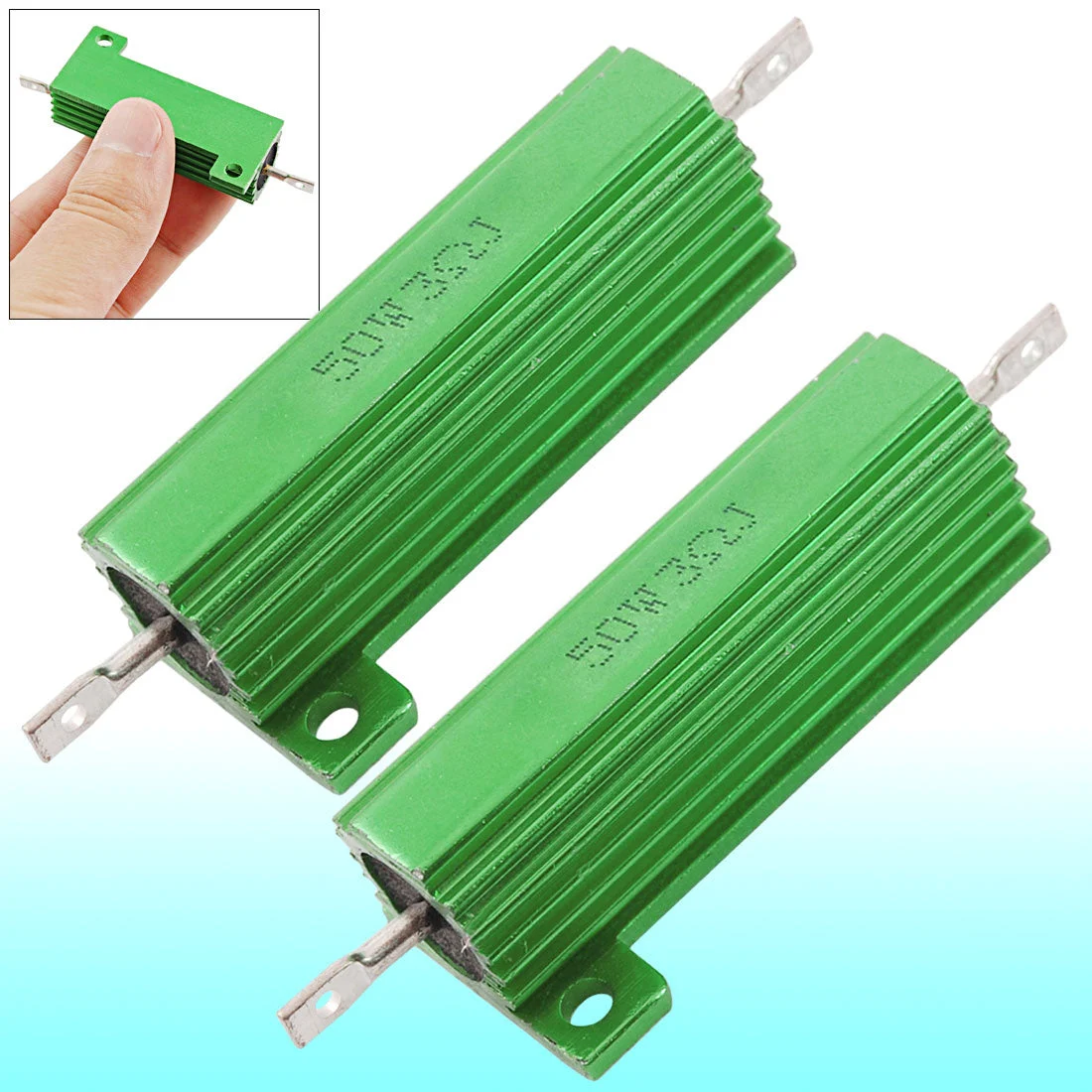 2 x Chassis Mounted 50W 3 Ohm 5% Aluminum Case Wirewound Resistors Green