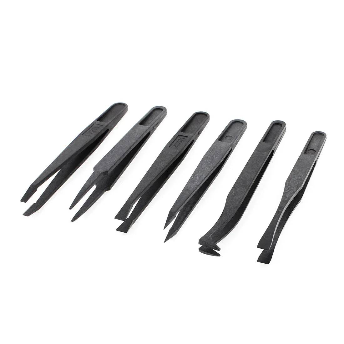 Black Plastic Anti-static Flat Curved Pointed End Tweezers Handy Tool 6 in 1 Set