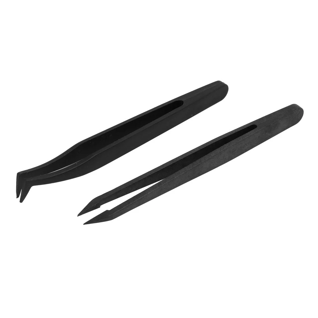 2 in 1 Plastic Pointed Tip Straight Curved Tweezer Set Black
