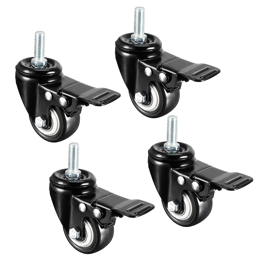 4Pcs 1.5 Inch Swivel Caster Wheels PU Threaded Stem with Brake M10 x 25mm Black
